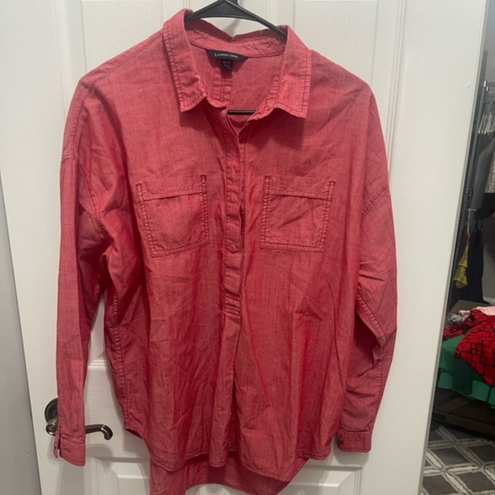 Lands End long sleeve blouse m/p 10-12 red half button down women’s shirt